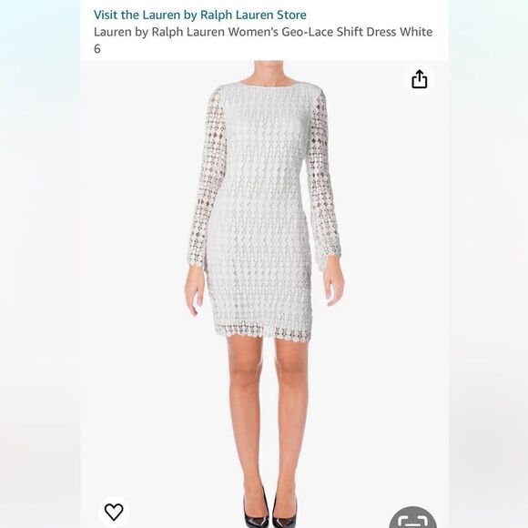 Ralph Lauren White Geometric Lace Overlay Long Sleeve Shift Cocktail Dress - Picture 8 of 8